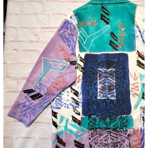 VTG V.C. Torias Jacket Womens OS Green Blue Abstract Art Artist Coat 80s 90s - Picture 15 of 16